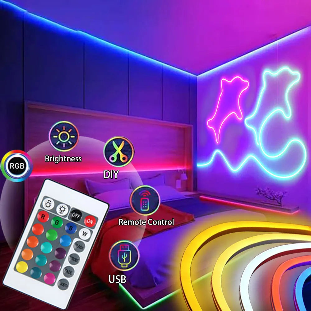 NeoGlow RGB LED Rope Lights – Music Sync Flexible LED Ribbon with Remote & USB Power